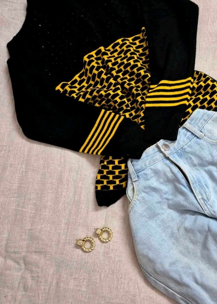 Black &amp; Yellow Geometric Knit Sweater<<3