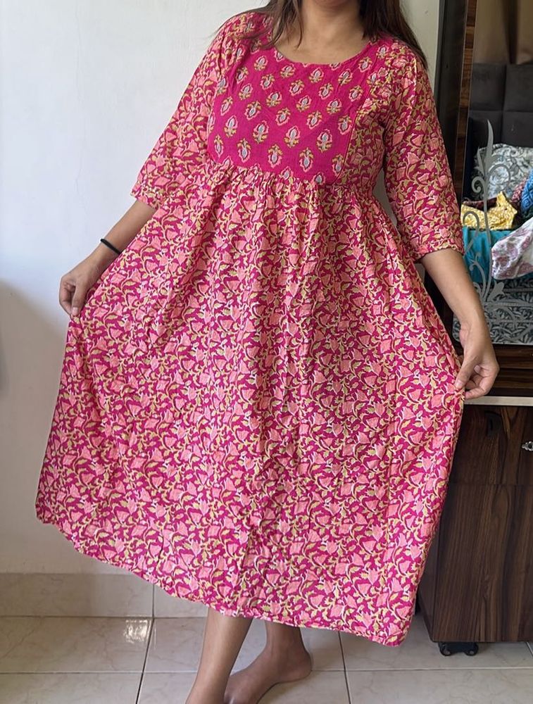 Vibrant Pink Floral Print Kurti maternity Dress