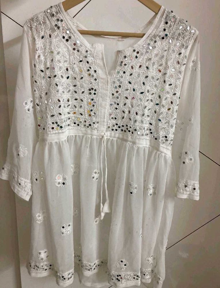 Mirrorwork Chikankari white tunic kurta