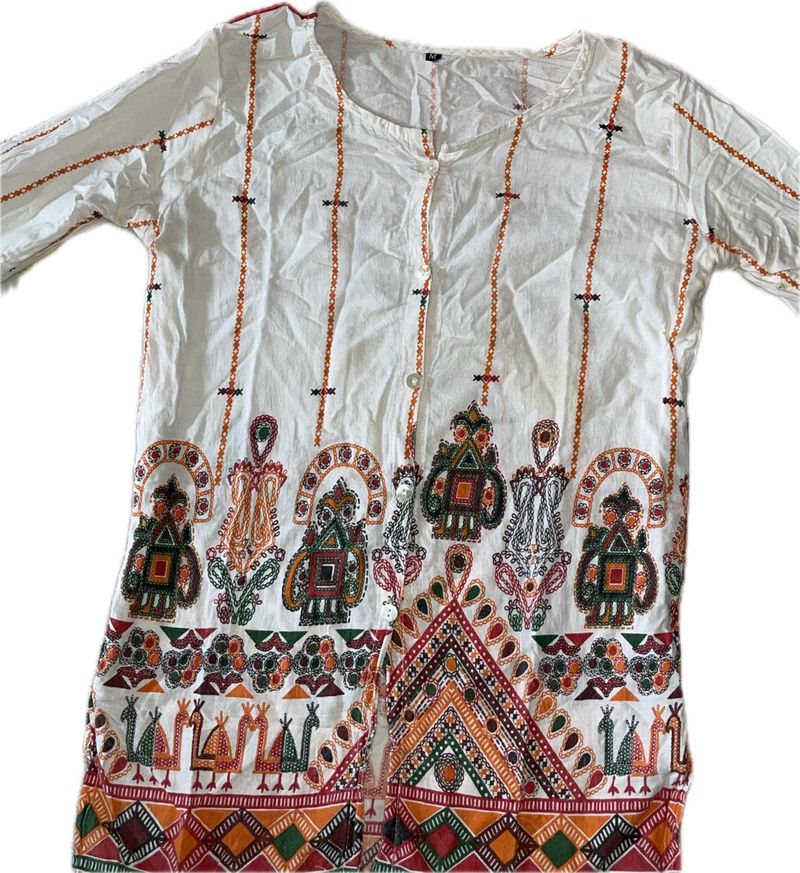 White Kurta with Folk Art Print
