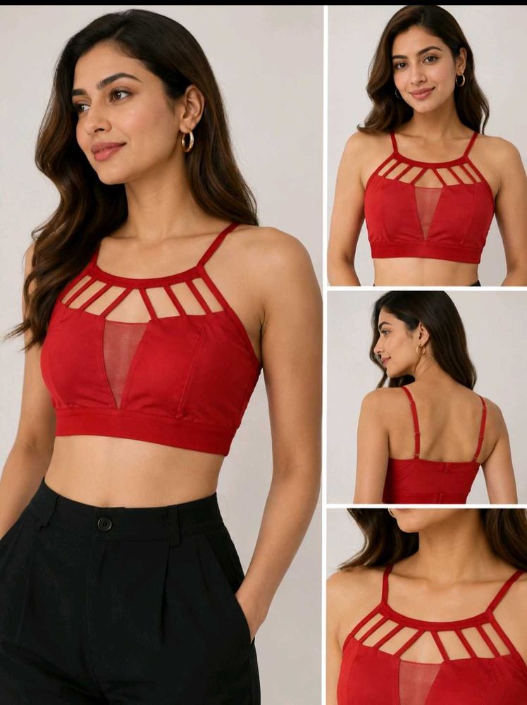Red Cage-Neck Strappy Sports Bra