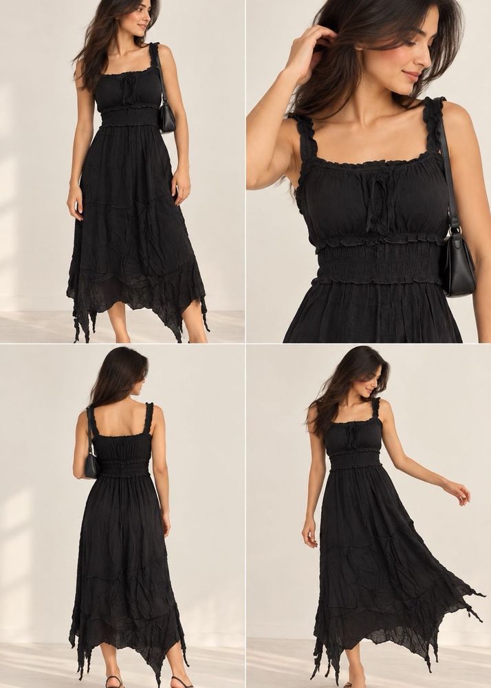 Chic Black Smocked Midi Dress