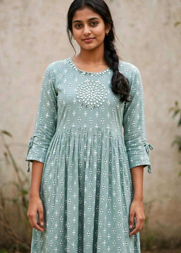 Elegant Teal Printed Kurta with Mirror Work