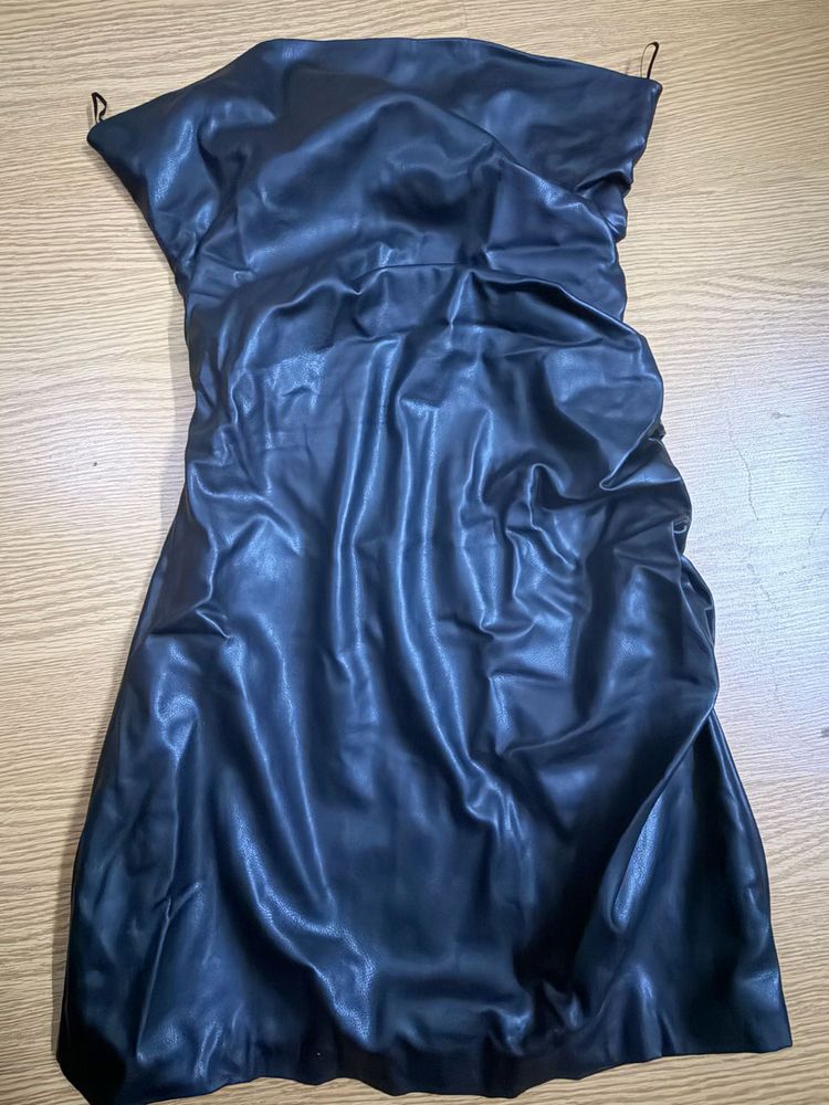 Chic Black Faux Leather Strapless Dress