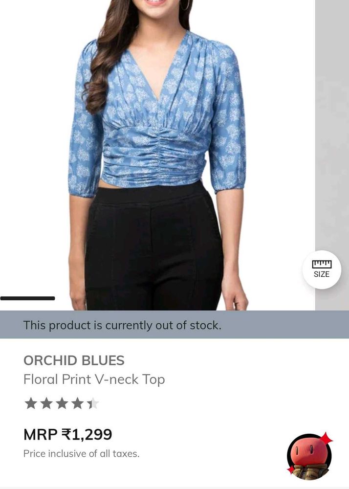 Blue Floral Print V-neck Ruched Top