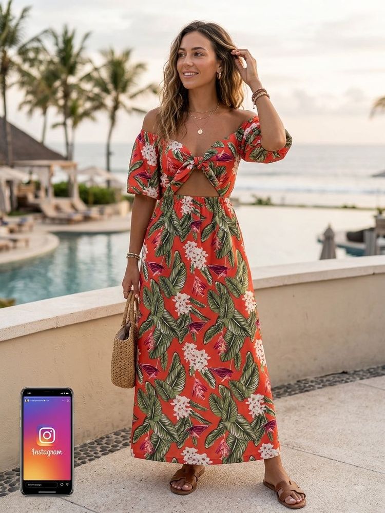 Tropical Print Cut-Out Maxi Dress with pockets