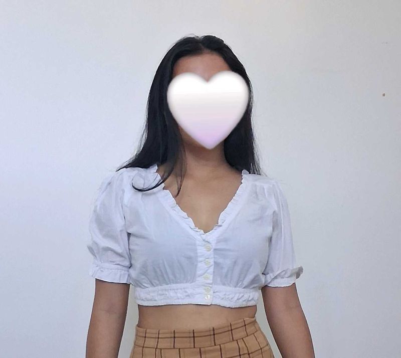 White Puff Sleeve Ruffled Cropped Top