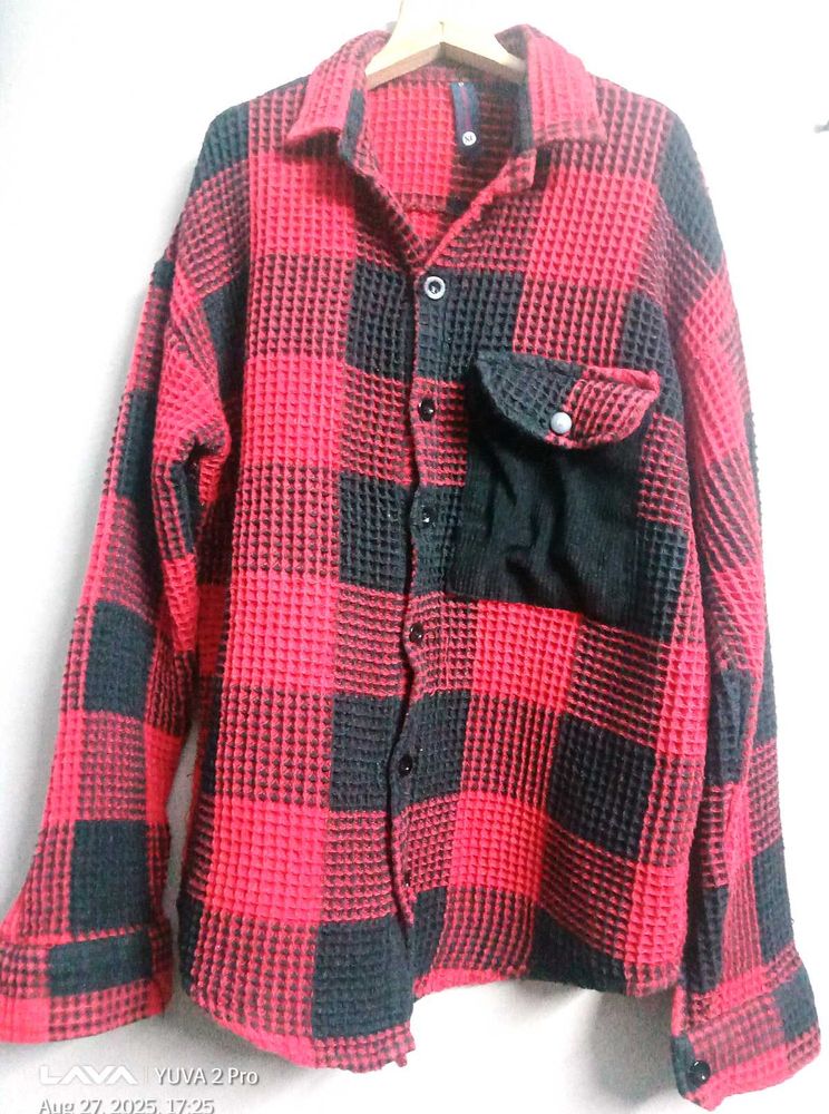Red &amp; Black Waffle Plaid Overshirt