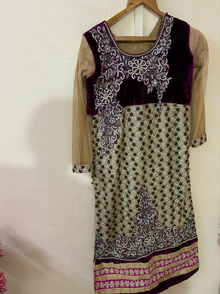 handwork bridal Kurta with Velvet Detail