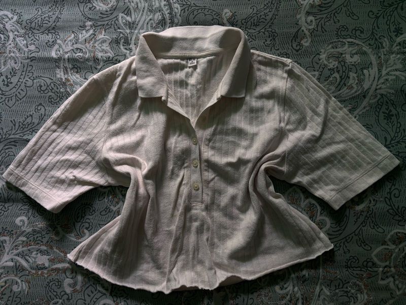 Light Beige Striped Collared Top