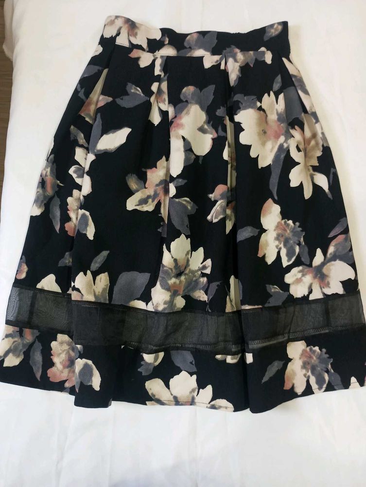 Floral Print Midi Skirt with Mesh Detail