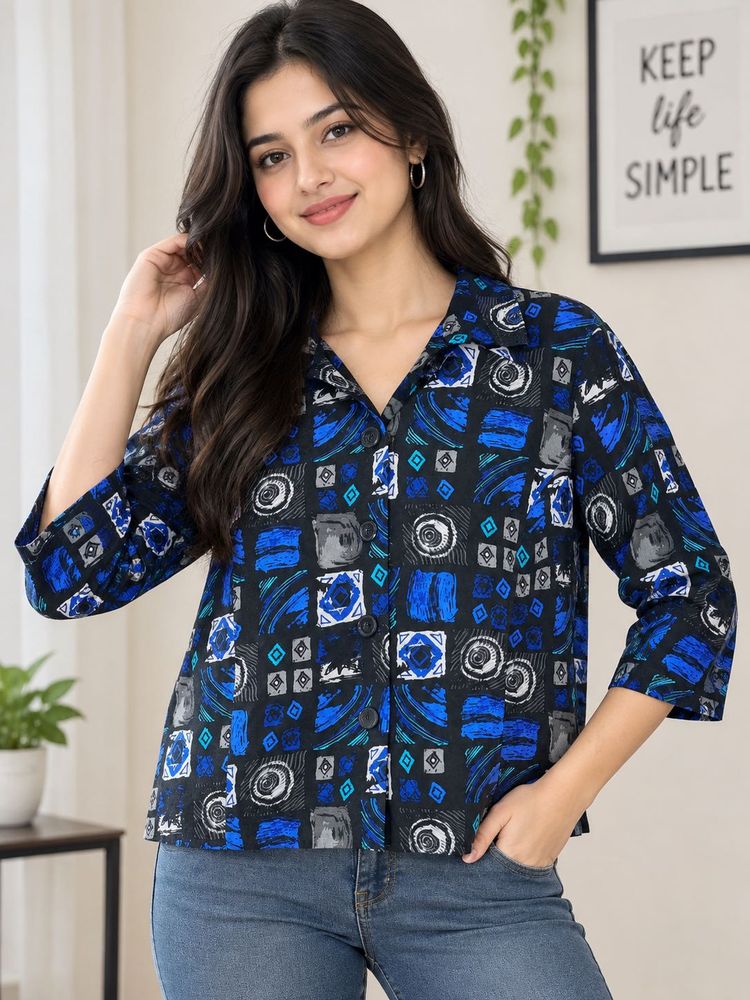 Vintage Geometric Print Button-Up