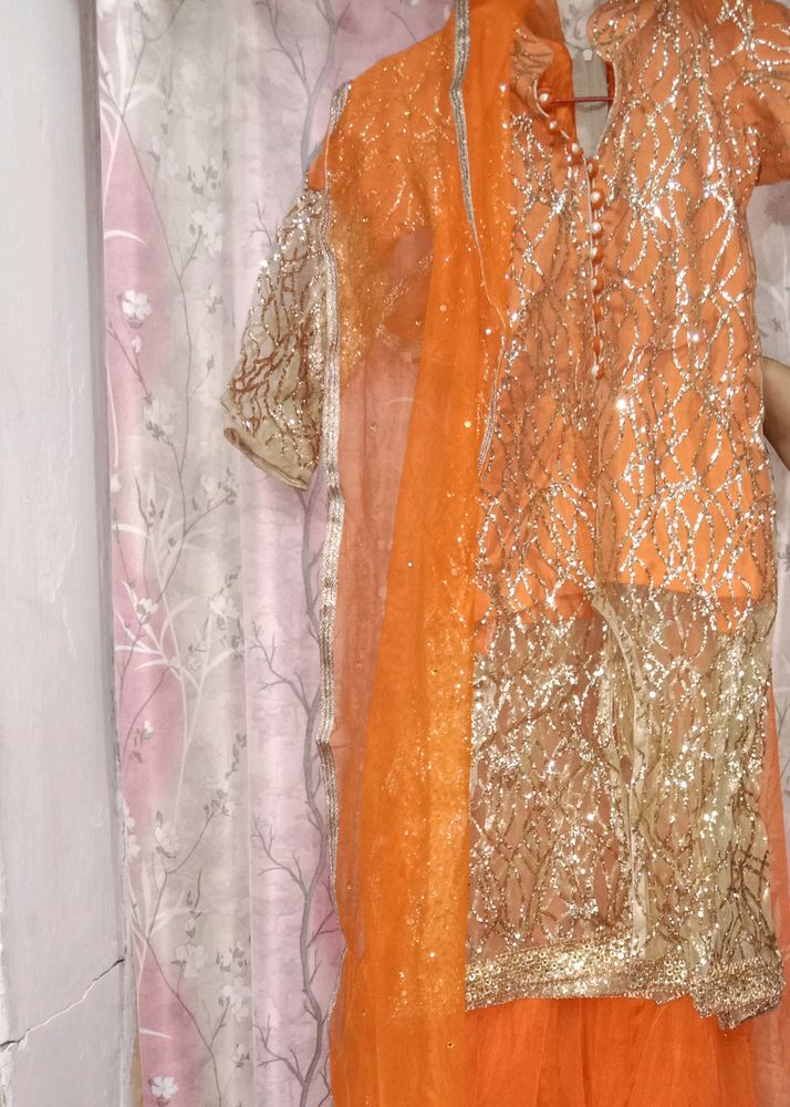 Lahenga With Long Top Orange Colour Glitter Work