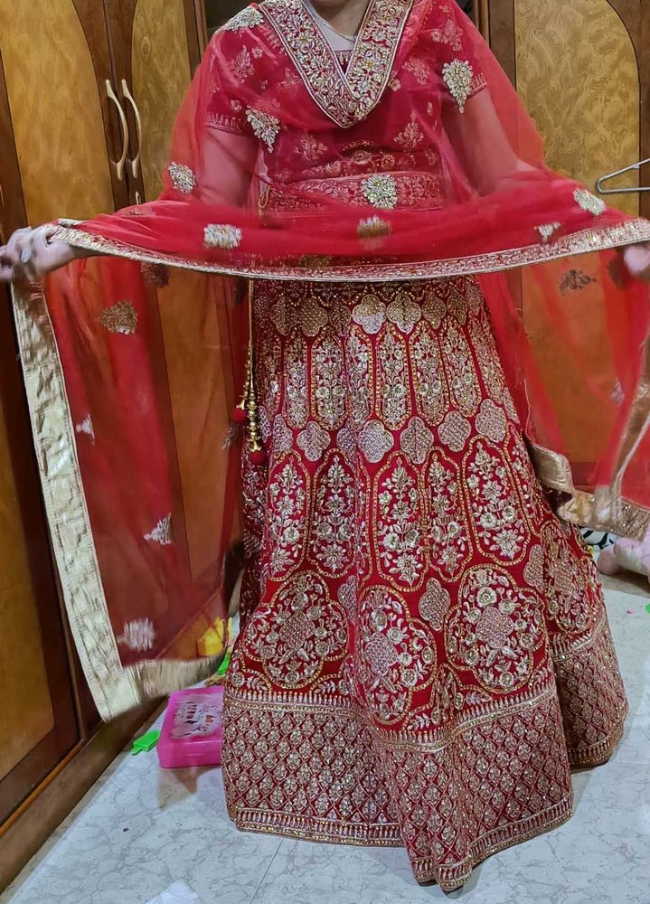 Red &amp; Gold Embroidered Wedding Lehenga