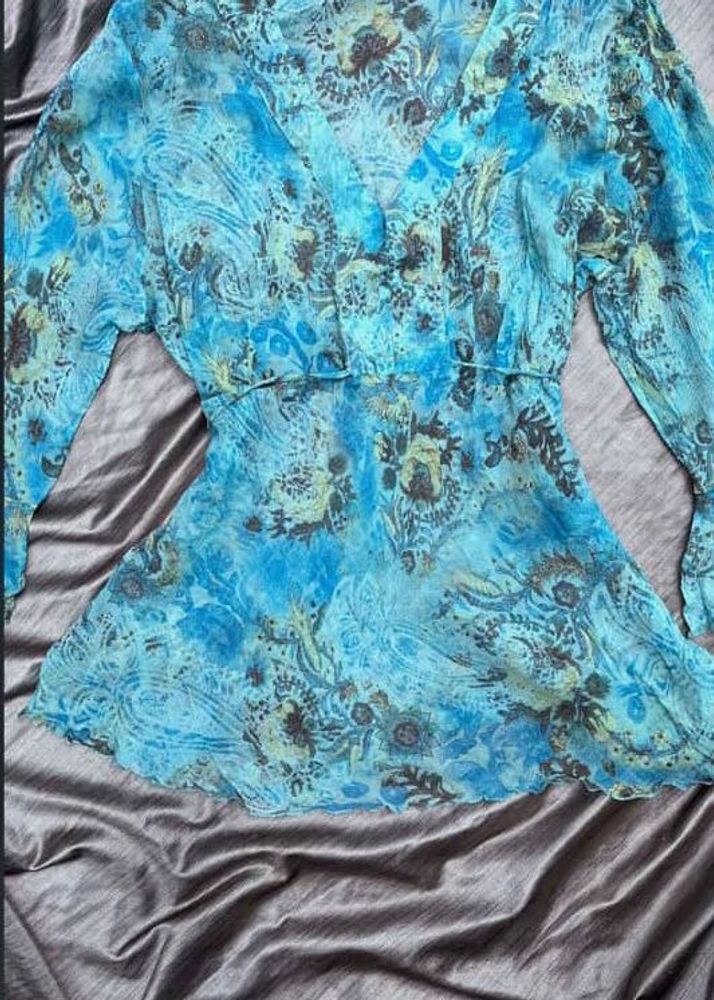 Blue Floral Sheer V-Neck Top