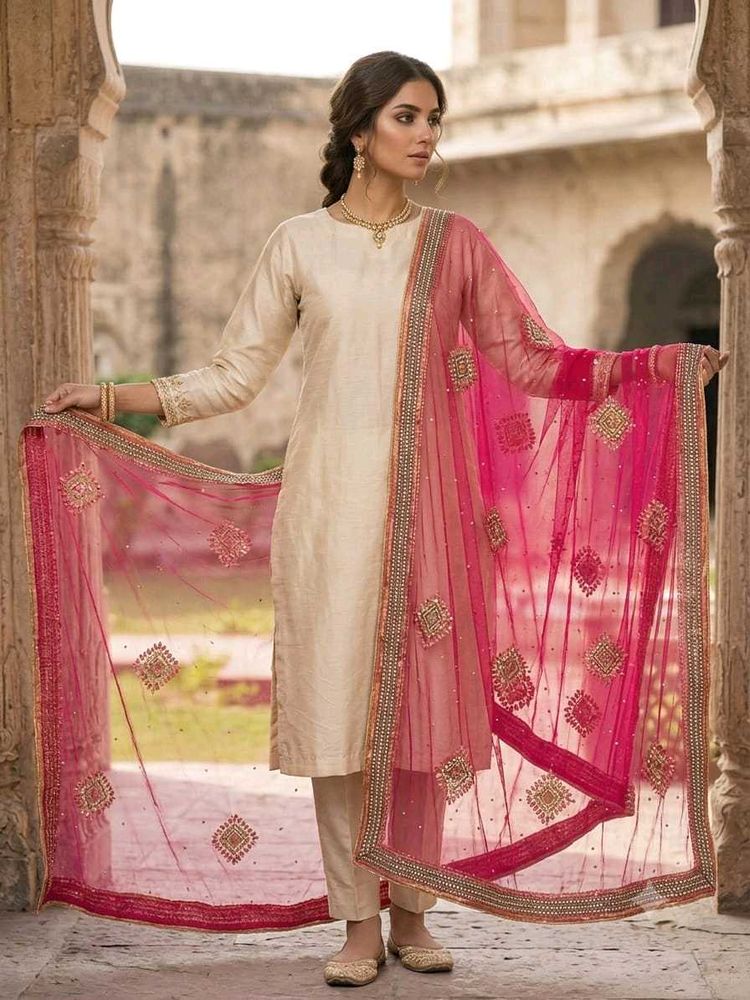 Rani Pink Net Dupatta with Zari