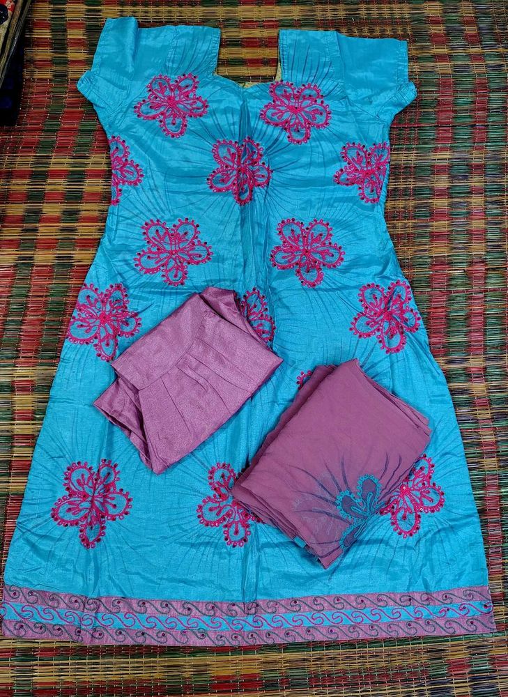 Beautiful Blue Kurta Set with Pink Embroidery