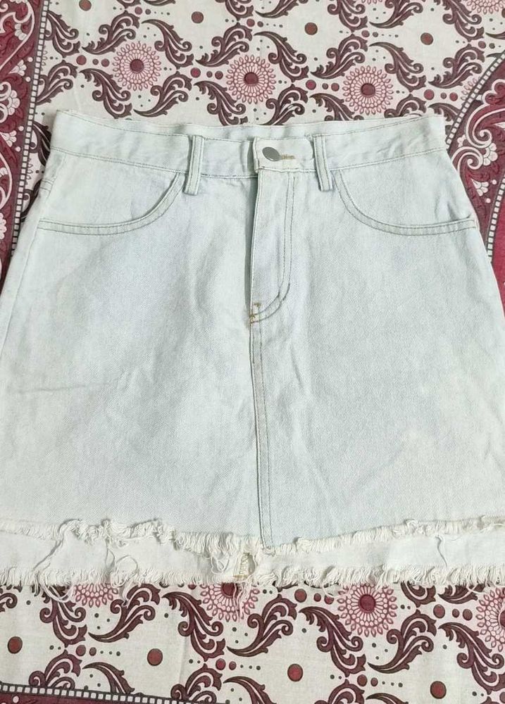 Light Wash Denim Frayed Skirt