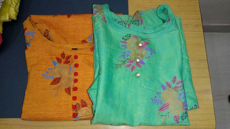 Printed shot Kurti combo - Teal &amp; Orange