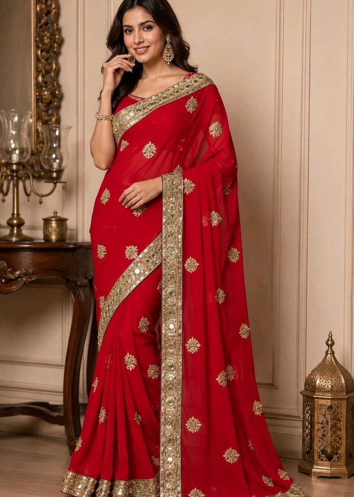 RED PARTY WEAR MIRROR WORK SAREE