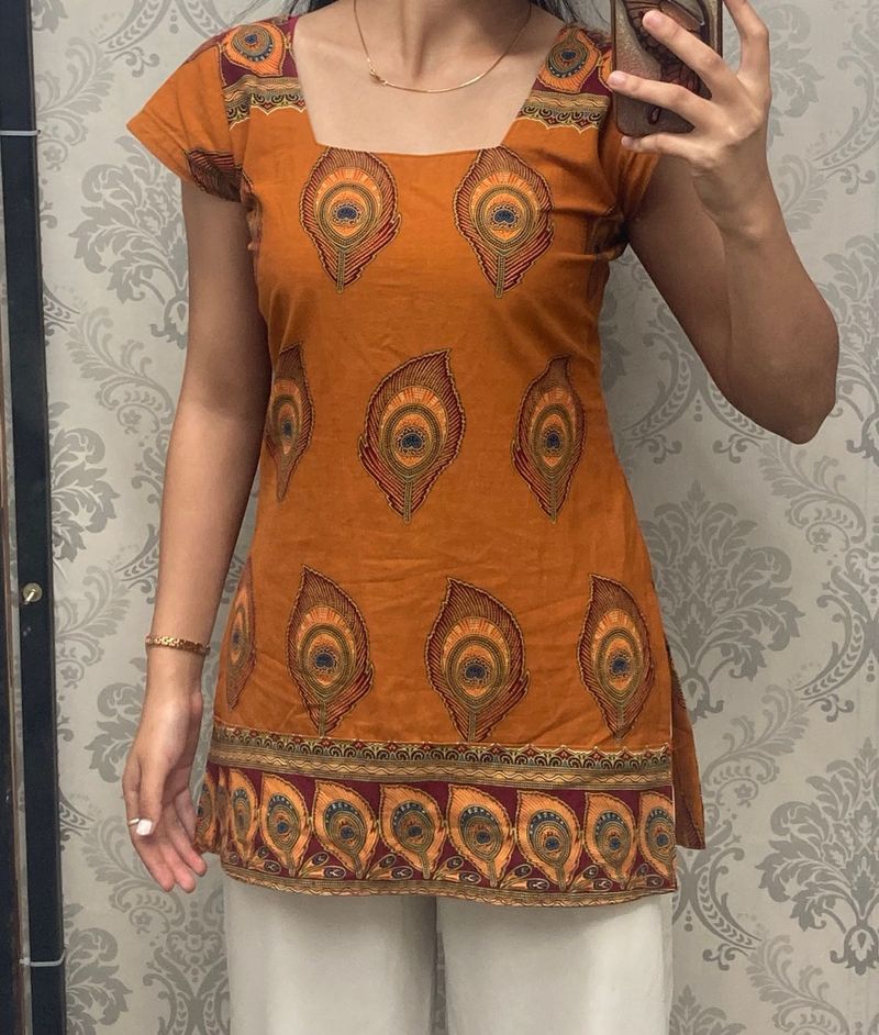 Orange Peacock Print Kurta