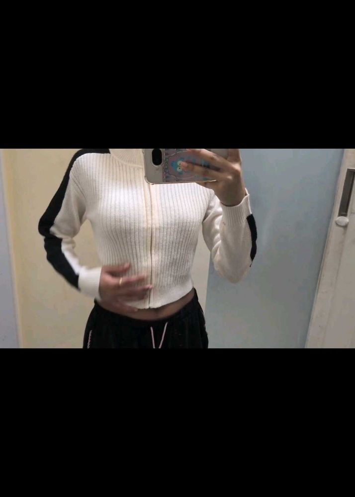 White Ribbed Zip-Up Sweater