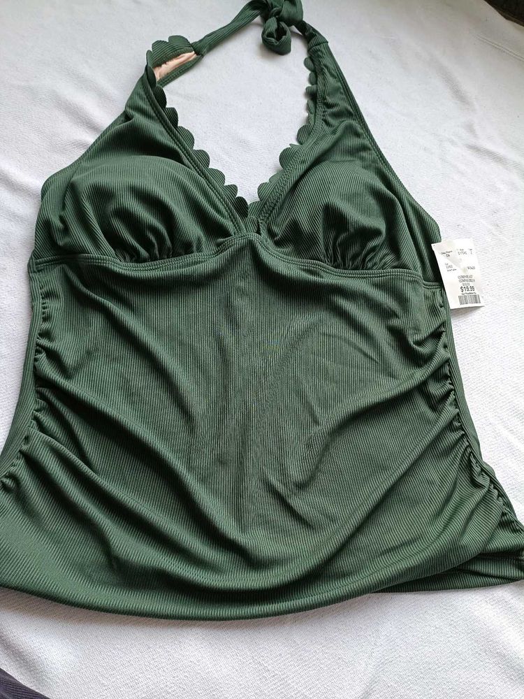 Green Ribbed Scalloped Bikini Top