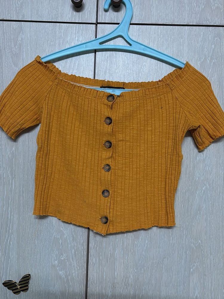 Off Shoulder Ribbed Button-Up Crop Top