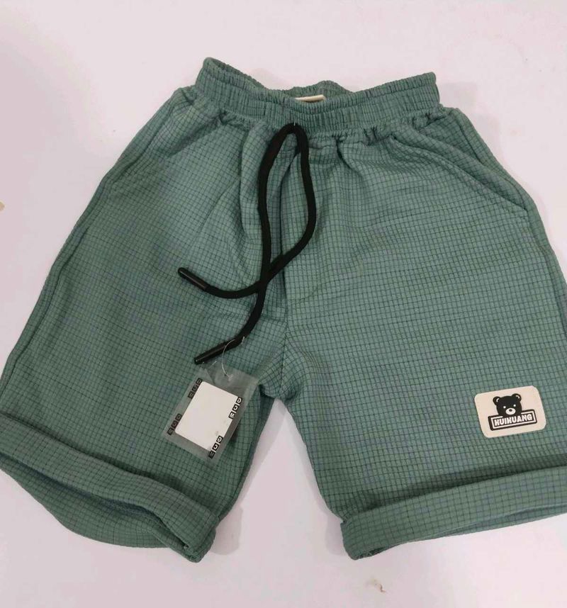 Green Waffle Texture Shorts with Bear Patch