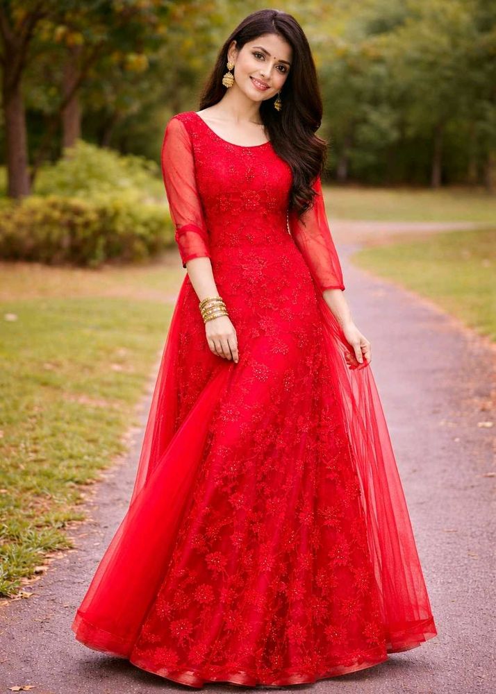 Red Embroidered Party Wear Kurta