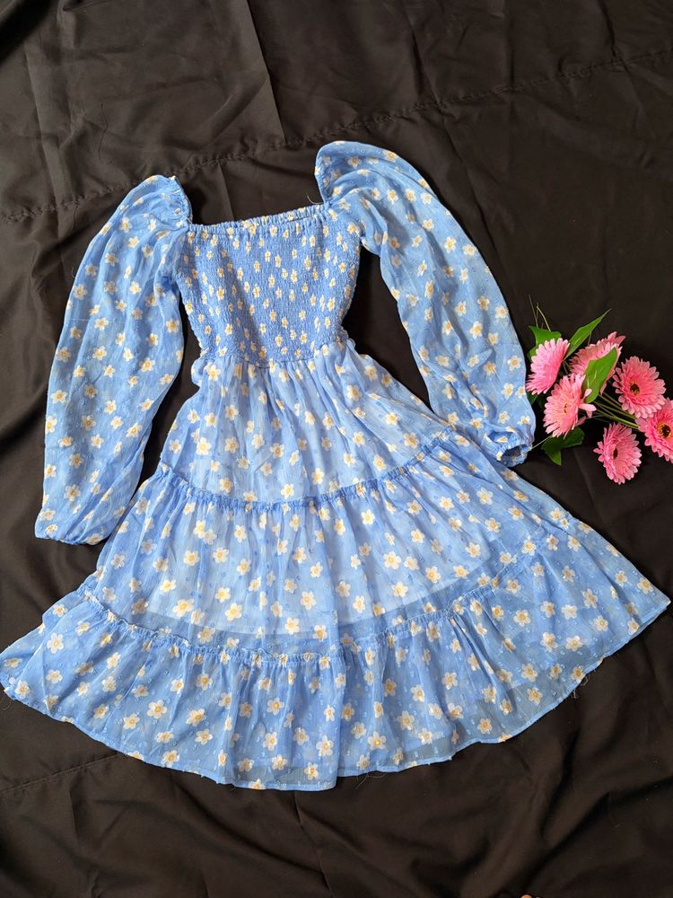 Blue Floral Tiered Midi Dress