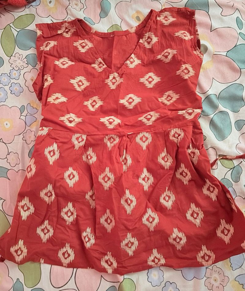 Red Ikat Print Kurta