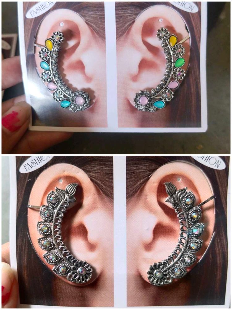 2 piece Boho Floral Ear Cuff with Colorful Gems