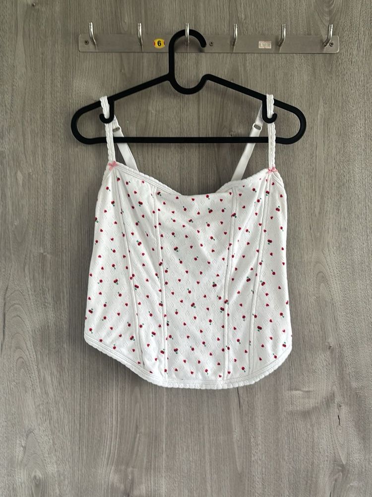 Cute White Corset Top with Cherry Print