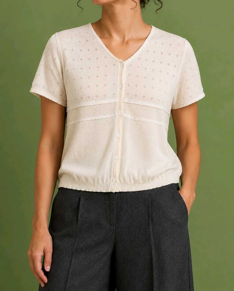 Cream Button-Up Short Sleeve Top