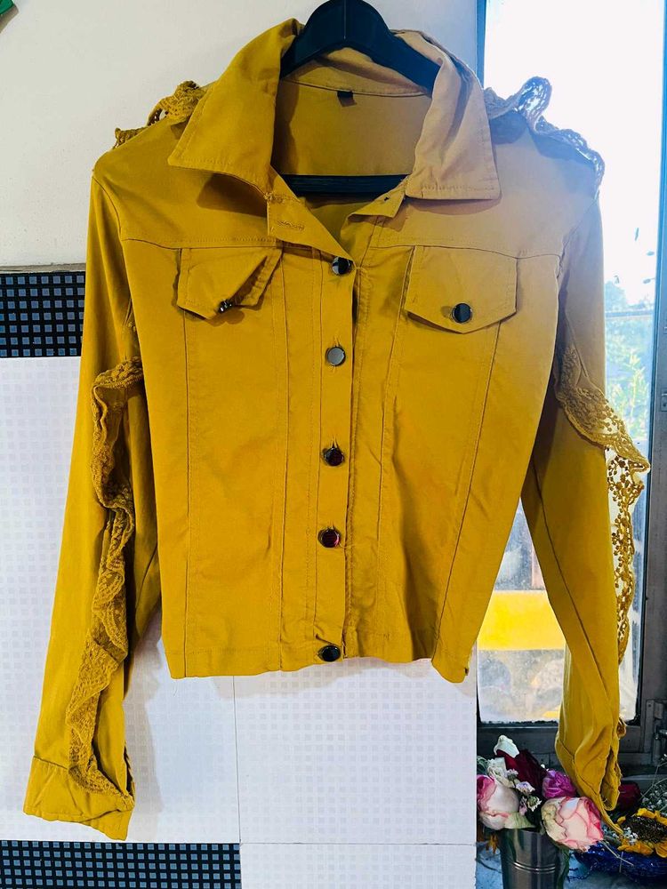 Stylish Mustard Yellow Lace Trim Jacket