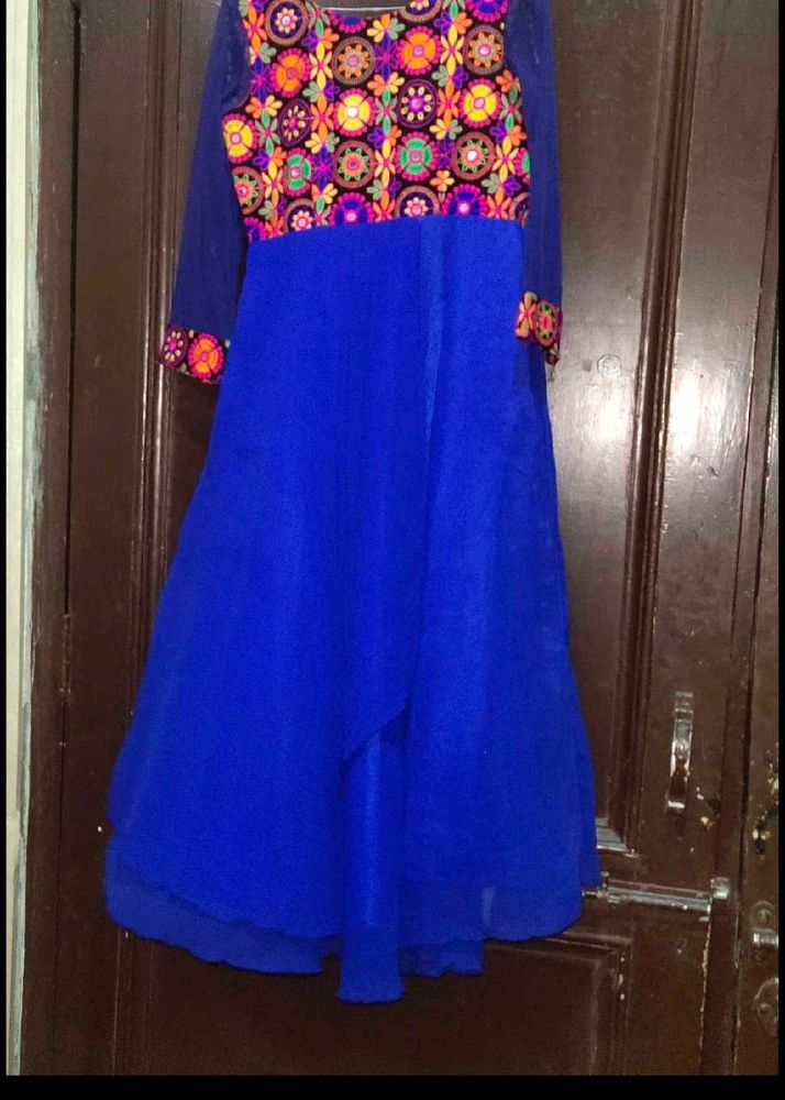 Blue Embroidered Dress fulkari high low ethnic kur