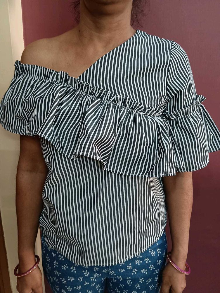 Striped One-Shoulder Ruffle Top