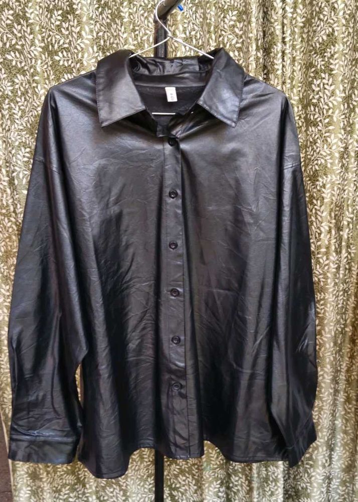 Black Faux Leather Button-Up Shirt