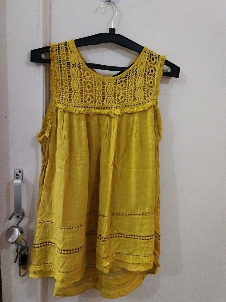 Yellow Crochet Neck Sleeveless Top