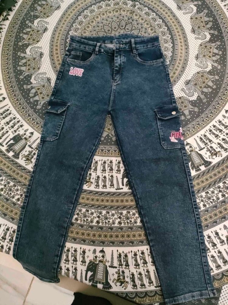 Blue Cargo Jeans with Patches