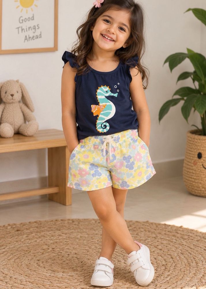 Cute Seahorse Top &amp; Floral Shorts Set