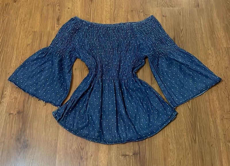 Off-Shoulder Smocked Bell Sleeve Top