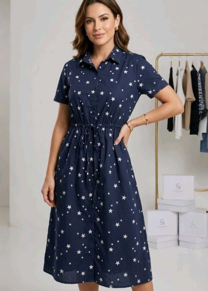 Chic Navy Star Print Shirt Dress
