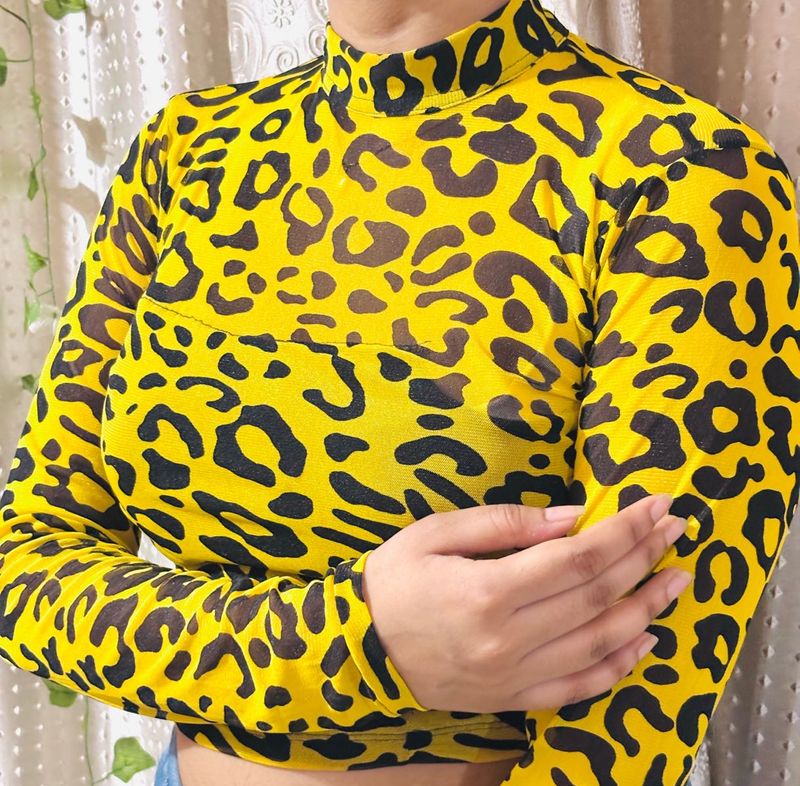 Yellow Leopard Print Mesh Top