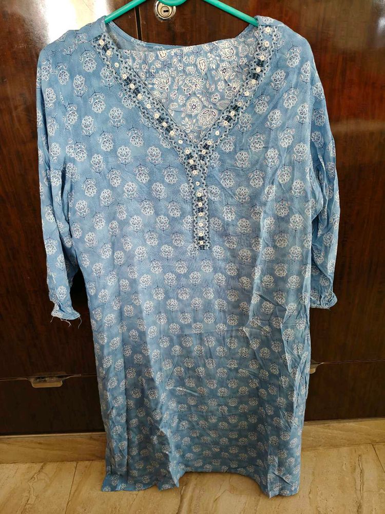 Blue Printed Kurta with Embellished Neckline