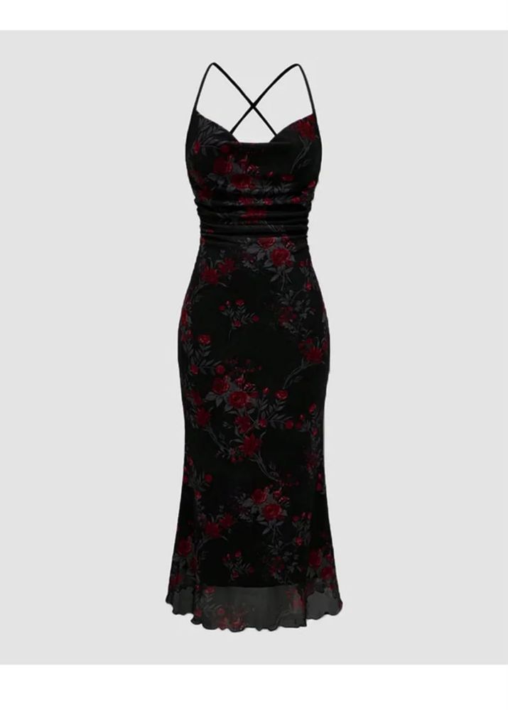 Black Floral Ruched Slip Dress
