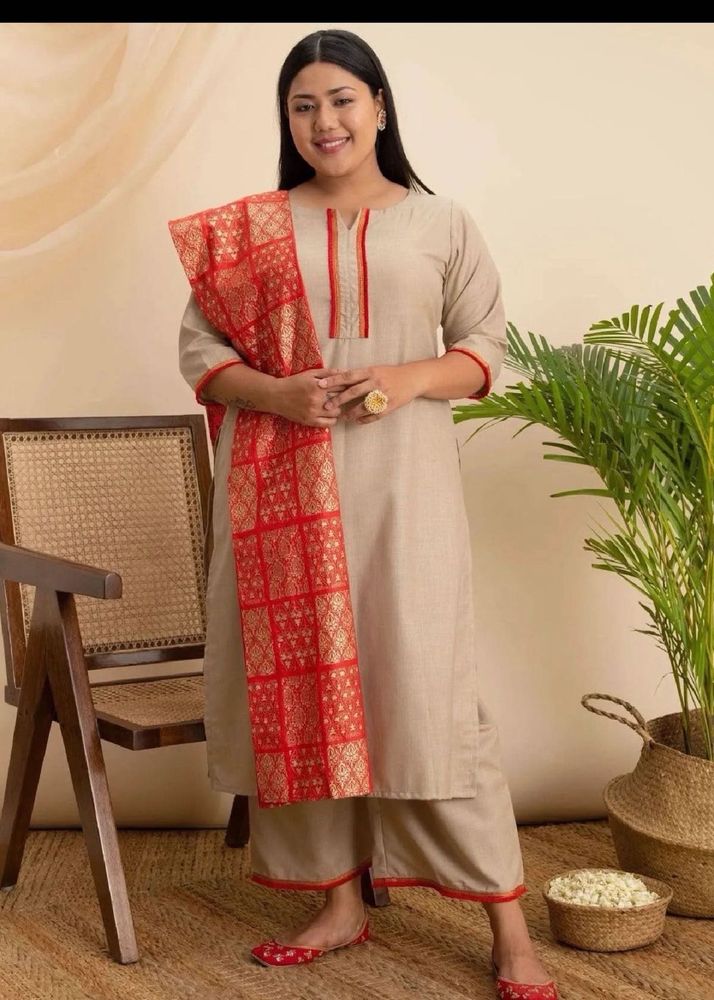 Elegant Beige Kurta Set with Red Dupatta