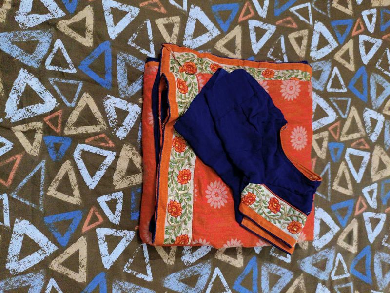 Orange Saree with Blue Blouse
