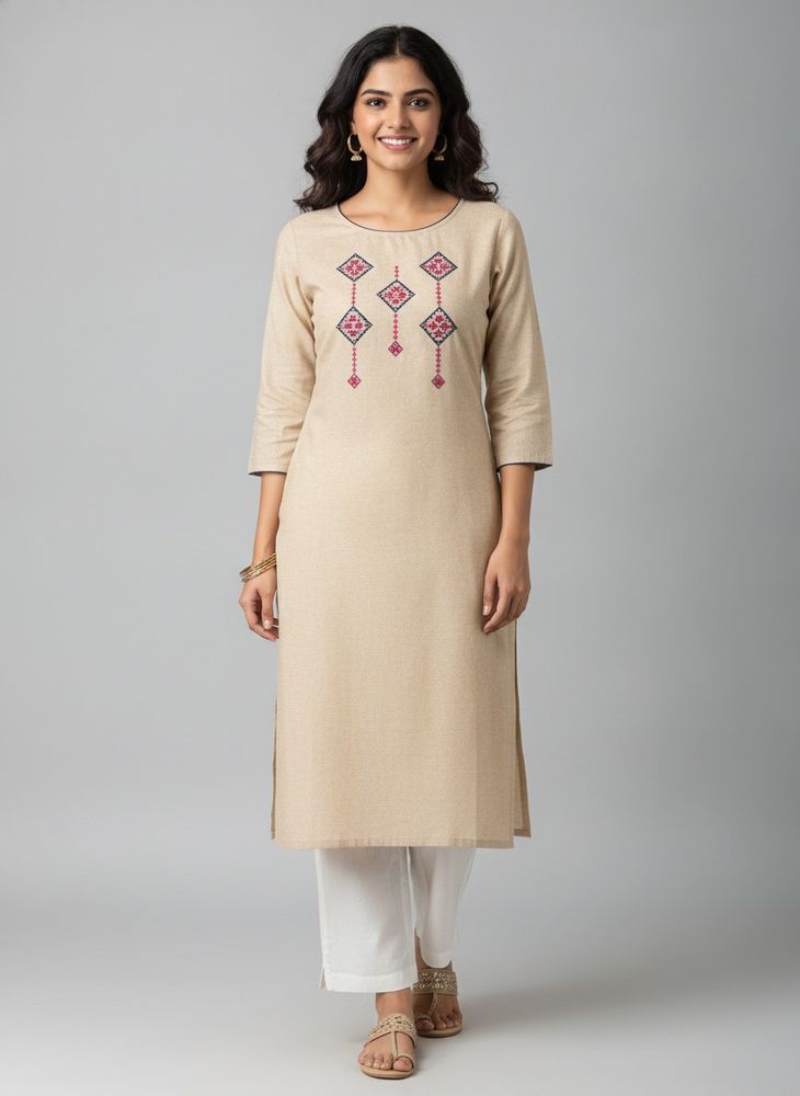 Beige Embroidered Kurta